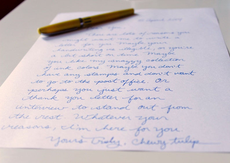 May include: A handwritten note on white paper with blue ink. The note reads, "There are lots of reasons you might want me to write a letter for you. Maybe your handwriting is illegible, or you're a bit short on time. Maybe you like my snazzy collection of ink colors. Maybe you don't have any stamps and don't want to go to the post office. Or perhaps you just want a thank you letter for an interview to stand out from the rest. Whatever your reasons, I'm here for you. Yours Truly, Chewy Tulip."