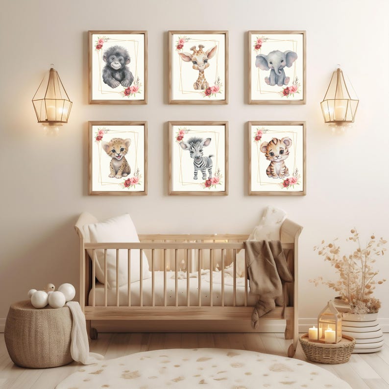 Safari Baby Animal Wall Art Printables Floral Frame Set of 6 Nursery