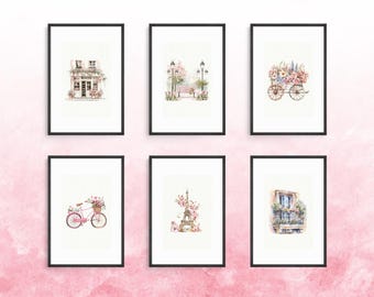 Può includere: Sei acquerelli incorniciati con un tema parigino. I dipinti raffigurano una bicicletta rosa con fiori, un caffè parigino, una panchina con fiori, un carretto di fiori, la Torre Eiffel con fiori e una finestra con fiori.