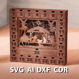 Dark wooden laser-cut nativity scene advent calendar with numbered drawers and vector text below.
