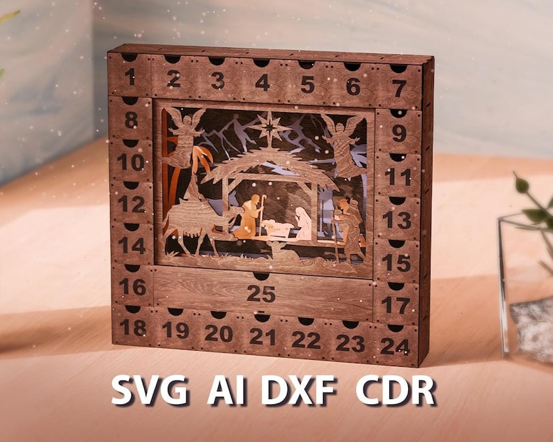 Dark wooden laser-cut nativity scene advent calendar with numbered drawers and vector text below.
