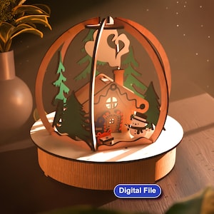 Cadeau de Noël boule à neige découpée au laser avec boîte | Fichier découpé au laser ai, svg, dxf, cdr 3 mm, 1/8 po., 4 mm.