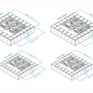 Technical drawing diagrams showing dimensions for the laser-cut advent calendar in different material thicknesses.