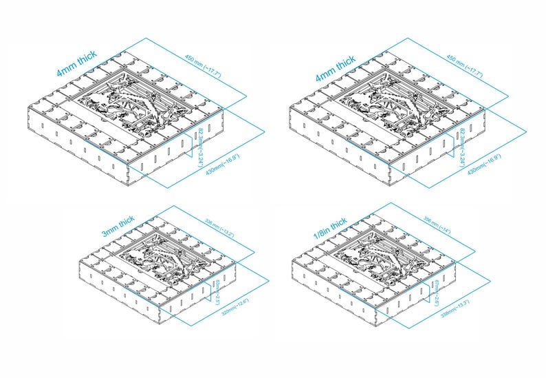 Technical drawing diagrams showing dimensions for the laser-cut advent calendar in different material thicknesses.