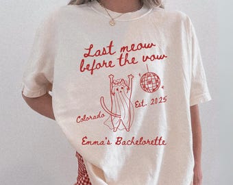 Last Meow Before The Vow Custom vrijgezellenshirt, T-shirt bruid krijgen gemiauwd, kat bruidsfeest, Bach-shirts grappig kattenthema, bruidsfeest kat