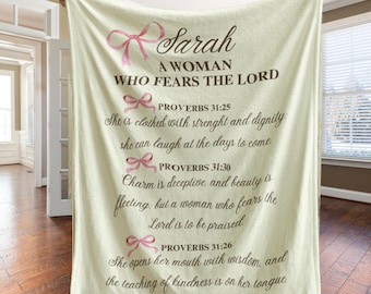 Custom Proverbs 31 Coquette Blanket for Mom, Christian Mom Gift, Personalized Name Blanket for Mom, Gift for Wife, Mother's Day Gift, Cute