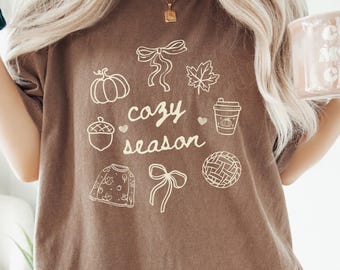 Cozy Season Coquette Shirt, Retro Fall Doodle Shirt, Get Cozy Shirt, Women Fall Tee, Fall Shirt,Women Pumpkin Fall Shirt, Autumn Season Gift