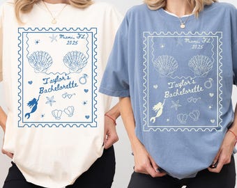 Camisas personalizadas de sirena para despedida de soltera en la playa con colores cómodos, bikini estilo sirena con garabatos, último brindis en la costa, campanas de boda con conchas marinas