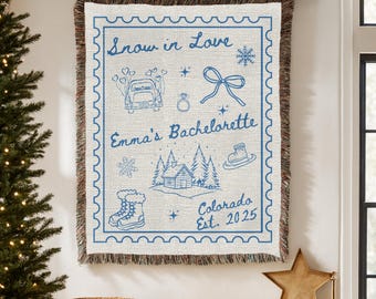 Snow in Love Bachelorette Woven Blanket, Personalized Winter Bachelorette Party Gift, Coquette Bachelorette, Luxury Bachelorette,Bride Squad