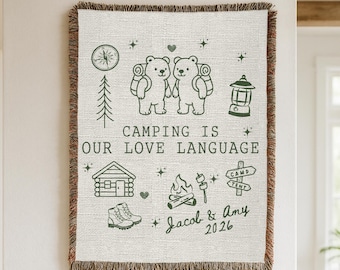 Personalized Camping Woven Blanket, Camp Honeymoon, Outdoorsy Couple Gift, Nature Lover Gift, Throw with Names, Adventure Couple Anniversary