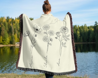 Manta tejida con flores del mes de nacimiento personalizadas, jardín de la abuela, manta "El amor crece aquí", flores del mes de nacimiento con nombres familiares, regalo para