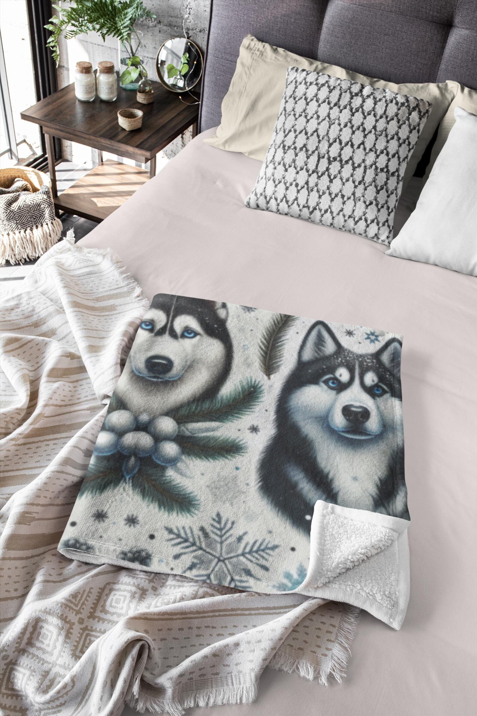 Siberian Husky Christmas Print Throw Blanket