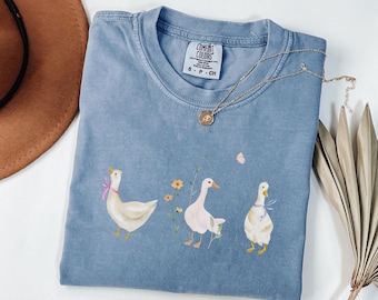 Blue and Pink Ribbon Goose Comfort Colors® T-Shirt, Vintage Retro Goose Coquette Tee, Funny Goose Shirt,Women Goose Shirt, Funny Graphic Tee