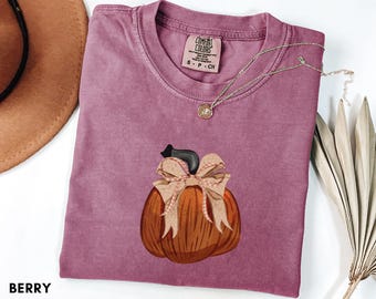 Comfort Colors®-pompoenshirt, boho herfstpompoen T-shirt, Coquette Pumpkin-T-shirt, leuk herfstshirt, herfstoogstshirt, shirt met pompoenpatch