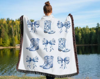 Coquette Cowgirl Custom Woven Blanket, Chinoiserie Blanket, Toile de Jouy, Coquette Aesthetic Blanket, Blue Bow Blanket,Gift for Cowgirl Mom