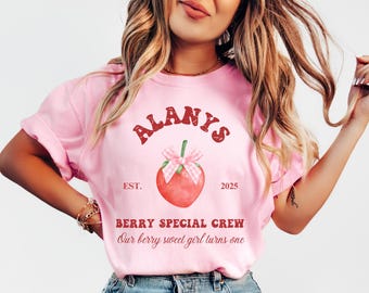 Custom Berry First Birthday Crew Coquette Shirt, Matching Family Shirt Strawberry Themed Comfort Colors® Party Tee, Strawberry Tee, 1st Bday