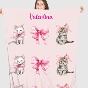 Custom Coquette Cat Baby Blanket, Toddler Girl Cat Blanket, Cute Kitten Pink Bows Baby Blanket, Newborn Girl Gift, Cute Cat Baby Shower Gift