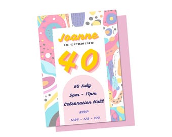 Pode incluir: Um convite de aniversário colorido com o texto "Joanne está a fazer 40 anos". O convite apresenta um design abstrato vibrante em rosa, amarelo, azul e roxo. Os detalhes incluem a data, hora e local da celebração, juntamente com um número RSVP.