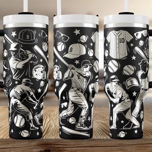 May include: A black stainless steel tumbler with a handle and a white lid featuring a repeating baseball-themed pattern in white. The design includes illustrations of baseball players, bats, balls, gloves, caps, sunglasses, and a jersey.