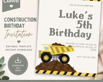建設業をテーマにした誕生日招待状テンプレート | 編集可能なCanva誕生日招待状 | ダンプトラック誕生日パーティー招待状 | 印刷可能な男の子の誕生日招待状