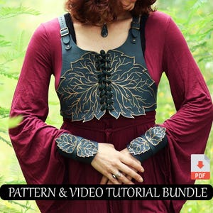 May include: A burgundy dress with long sleeves and a black leather bodice featuring a gold leaf design. Matching black leather arm cuffs with leaf accents are also visible. The text "PATTERN & VIDEO TUTORIAL BUNDLE" is displayed at the bottom.