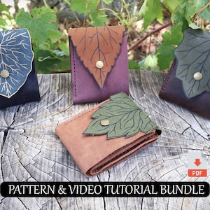 Può includere: Quattro astucci e portafogli in pelle con patte a forma di foglia e chiusure a scatto in metallo. Gli articoli sono blu, viola, marroni e beige con dettagli di venature delle foglie. Sono presenti un'icona PDF e il testo PATTERN & VIDEO TUTORIAL BUNDLE.