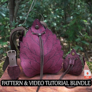 Patrón de bolso y cartera con hojas: plantilla de marroquinería de fantasía, videotutorial: bolso y bolsillo, bricolaje para cosplay, set de bolsas de regalo de hadas