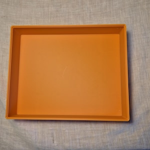 May include: An orange plastic tray with a rectangular shape. The tray is empty and has a smooth surface.