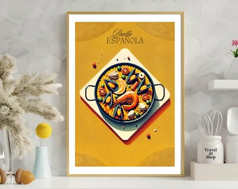 Paella Valencia art print, Minimalist Spanish food art poster, Instant Download wall decor, cheap Kitchen Wall Art decor. Gift for mom.