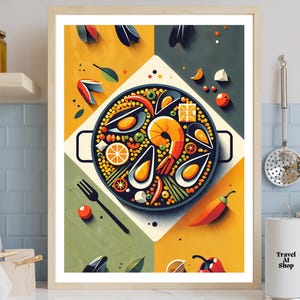 Paella art print, Minimalist Spanish food art poster, Instant Download print, cheap Kitchen Wall Art, Mediterranean wall decor. Gift for mom