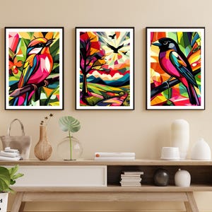 3 piece wall art birds. Minimalist animal bird instant download wall decor. Therapy office decor. Three piece wall art. Bird illustration.