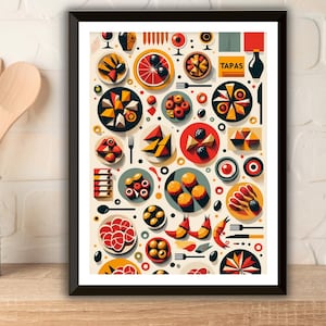Spanish tapas poster, Tapas food wall decor, Minimalist Spanish food art, digital download print, cheap Kitchen Wall Art, Spain Decor.