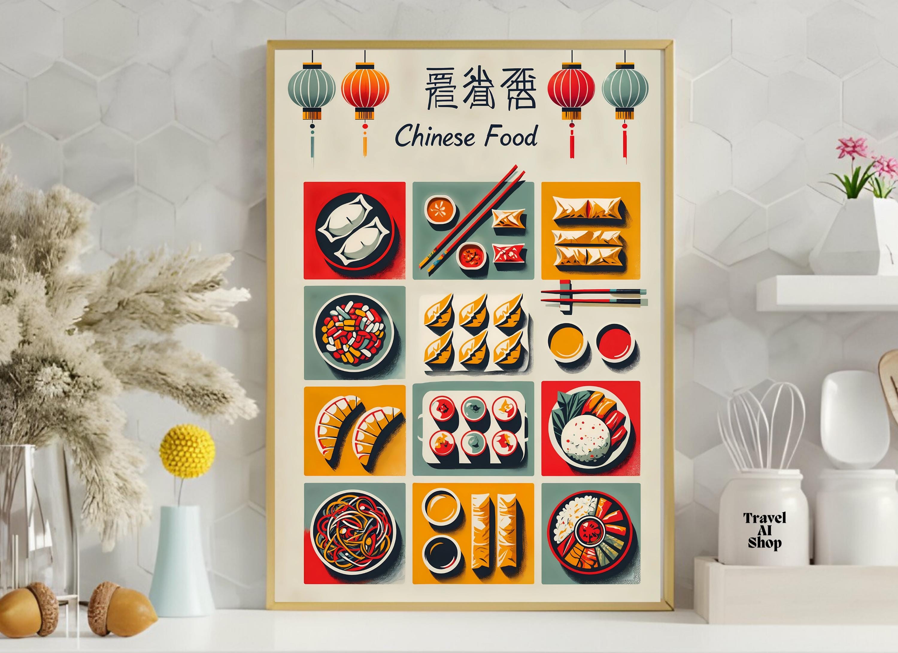 China food print cheap wall decor, minimalist Chinese food kitchen decor. Instant download. China travel poster, Asian food art spring rolls