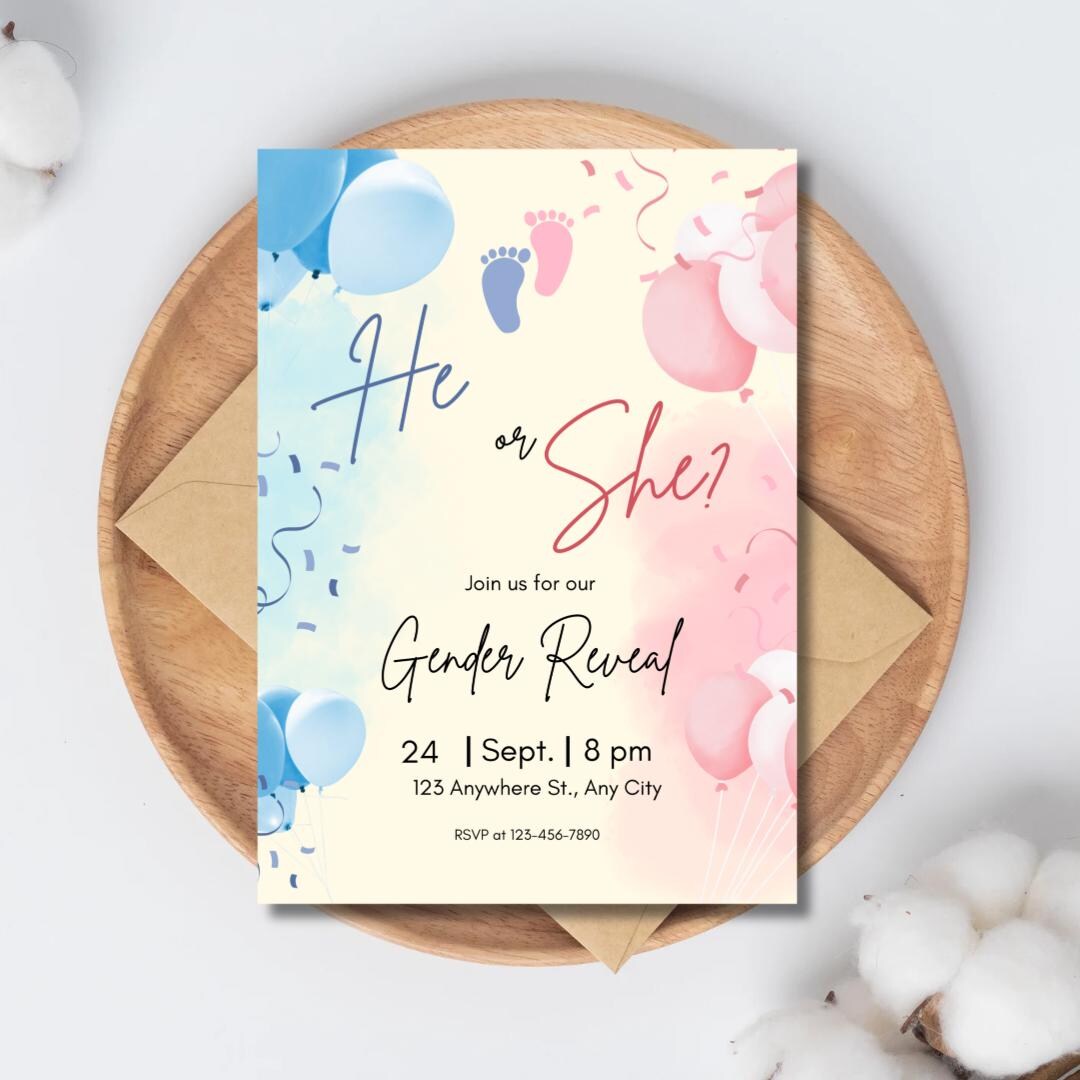 Gender Reveal Invitation Template | He or She? Digital Invite ...