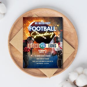 Pode incluir: Um convite para um jogo de futebol com um fundo de fogo. O texto diz "NFL Watch Party Football Sunday Falcons vs Lions Sunday Nov. 3 at Grand Fauget Stadium Game Starts at 10:00am Ticket: 9€ pp, Crianças menores de 10 anos: 5€ Mais informações-123-456-7890"