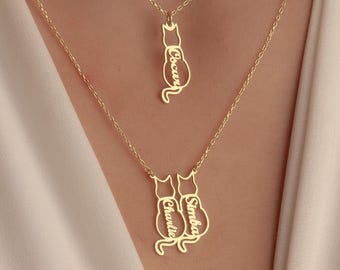 Collana con nome per gatto in oro 14 carati, ciondolo personalizzato con silhouette di gatto, regalo commemorativo per animali domestici, regalo per amanti dei gatti, regalo per la mamma, regalo di gioielleria per animali domestici