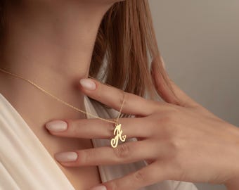 14K Gold Heart Initial Necklace, Personalized Letter Pendant, Heart Pendant, Name Jewelry, Anniversary Gift, Christmas Gifts, Gift for Her