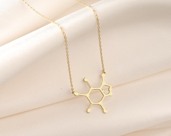 Colar com pingente de molécula de cafeína em ouro 14K, joia científica, pingente molecular, presente para entusiastas da ciência, presente para mãe ou para ela, presentes de Natal.