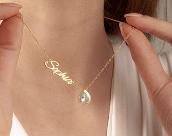 Handgemachte Geburtsstein-Namenshalskette, personalisierter Name und Birthstone-Halskette, kundenspezifischer Tropfen-Geburtsmonat-Anfangsanhänger, Weihnachtsgeschenk