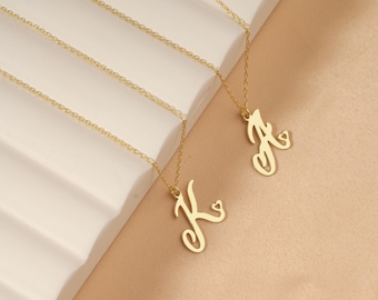 14K Gold Heart Initial Necklace, Personalized Letter Pendant, Heart Pendant, Name Jewelry, Anniversary Gift, Christmas Gifts, Gift for Her