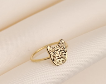 14K Gold Custom Pet Portrait Ring, Dog Photo Engraved Ring, Cat Photo Ring, Pet Jewelry, Engraved Dog Cat Memorial Jewelry,Mother’s Day Gift