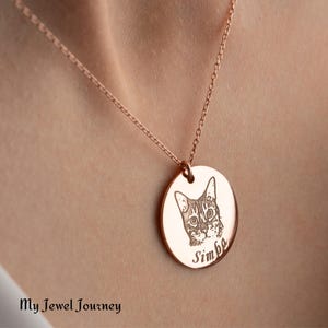 14K Gold Engraved Pet Photo Necklace: Personalized Pet Portrait Pendant