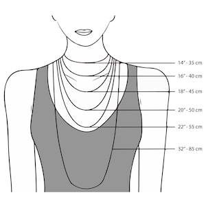 Pu&ograve; includere: Diagramma che illustra le lunghezze delle collane su una persona. L'immagine mostra una serie di collane di varie lunghezze, con misure in pollici e centimetri. Le lunghezze variano da 14 pollici (35 cm) a 32 pollici (85 cm).
