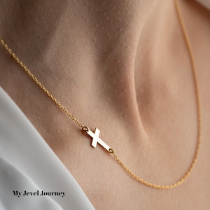 14K Gold Sideways Cross Necklace, Dainty Sideways Cross Necklace,  Christmas Gift, Minimalist Cross Pendant, Religious Jewelry, Moms Gift,