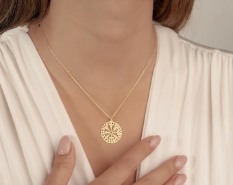 Collana con bussola vichinga in oro 14 carati, ciondolo Vegvisir, charm celtico nordico, ciondolo bussola norrena, bussola runica, regalo per la festa della mamma