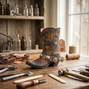 Puede incluir: Una bota de vaquero de cuero marrón hecha a mano con intrincados diseños florales y de estrellas. La bota presenta una espuela plateada y se exhibe sobre una mesa de madera con herramientas y materiales de marroquinería.