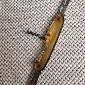 Vintage Folding Pocket Knife – Brass Handle & Glass-Like Plastic – Corkscrew – Marked “CFI” – Mid-Century Multi-Tool