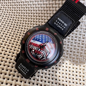Swatch Access SKIPASS Watch – “USA Flames” 1997 – Rare Snowboard Edition – Box & Papers – Excellent Condition
