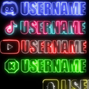 Peut inclure: Neuf logos de médias sociaux différents avec le mot "USERNAME" en texte néon. Les logos sont Discord, TikTok, YouTube, Twitch, Twitter, Instagram, Facebook et Snapchat.
