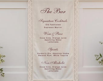 Custom Fabric Bar Menu Sign, Lace Wedding Signature Cocktails Sign, His Hers Wedding Bar Sign, Wedding Bar Banner, Cocktail Station Decor